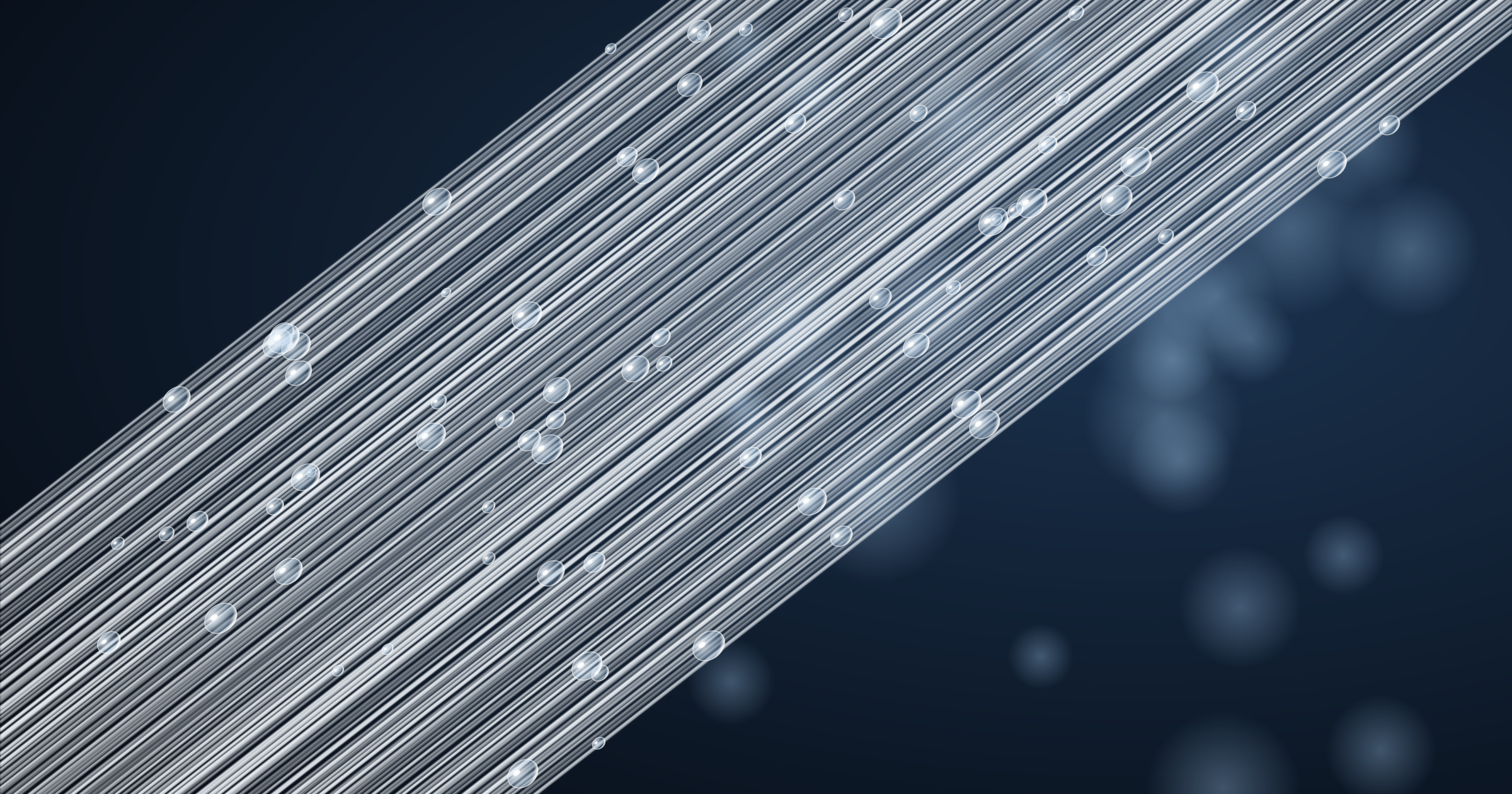 Close-up illustration of a bundle of fine white hollow-fibre membranes with water droplets against a dark blue background.